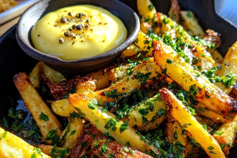Fresh ingredients for Crispy Herb Fries with Aioli