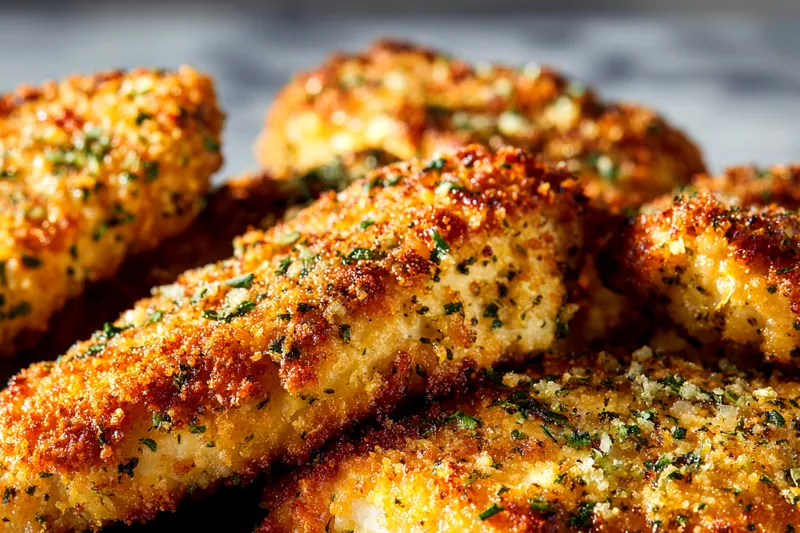 A chef preparing the chicken, coating it with breadcrumbs in a bright kitchen.