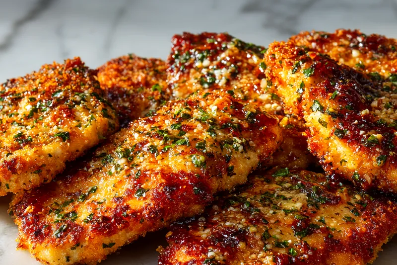 Close-up of fresh herbs, breadcrumbs, and grated Parmesan cheese, ready for chicken coating.