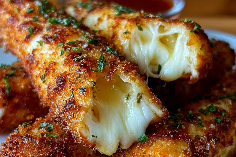 Block of mozzarella cheese, eggs, flour, panko breadcrumbs, seasonings, and marinara sauce arranged on a kitchen counter