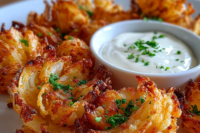 Crispy mini bloomin' onions frying in hot oil, bubbling and golden brown.