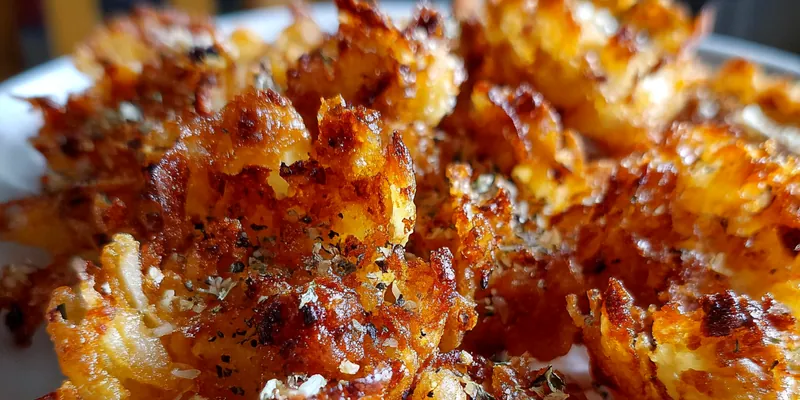 A plate of crispy mini bloomin' onions garnished with fresh parsley and served with a tangy dipping sauce.