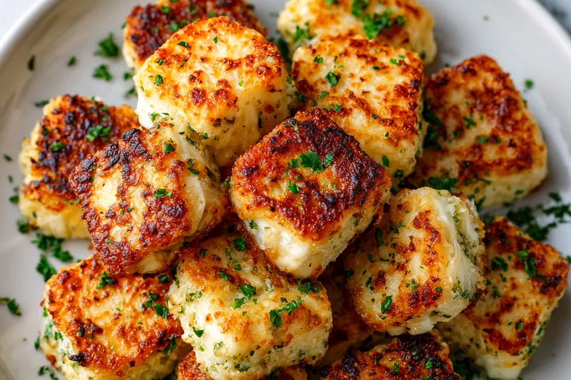 Overhead view of all ingredients for mozzarella bites including cubed fresh mozzarella on cutting board, three bowls with flour eggs and breadcrumbs, small bowls of seasonings, fresh parsley, oil bottle, and marinara sauce arranged on white marble countertop