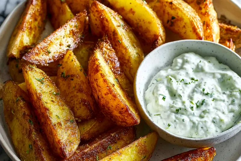 Golden potato wedges arranged on a baking sheet showing perfect browning and crispy texture during the baking process
