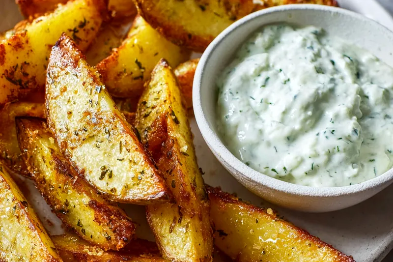 Fresh russet potatoes, olive oil, seasonings, herbs, and Parmesan cheese arranged on a wooden cutting board for crispy potato wedges