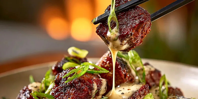 Golden-brown crispy steak bites on a cream plate, drizzled with thick creamy garlic sauce and topped with fresh green onions, one piece held with chopsticks showing sauce dripping