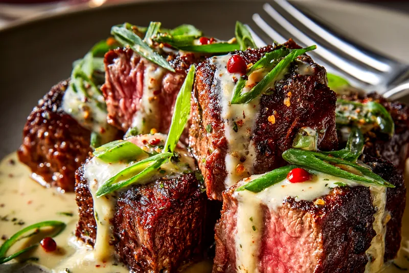 Flat-lay of raw marbled ribeye steak on wooden board surrounded by prep bowls containing minced garlic, heavy cream, mayonnaise, Dijon mustard, with bottles of Worcestershire and soy sauce, plus fresh green onions