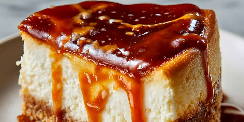 Thick slice of Crème Brûlée Cheesecake on a ceramic plate with glossy caramelized sugar top dripping down the sides, showing creamy vanilla filling and golden graham cracker crust