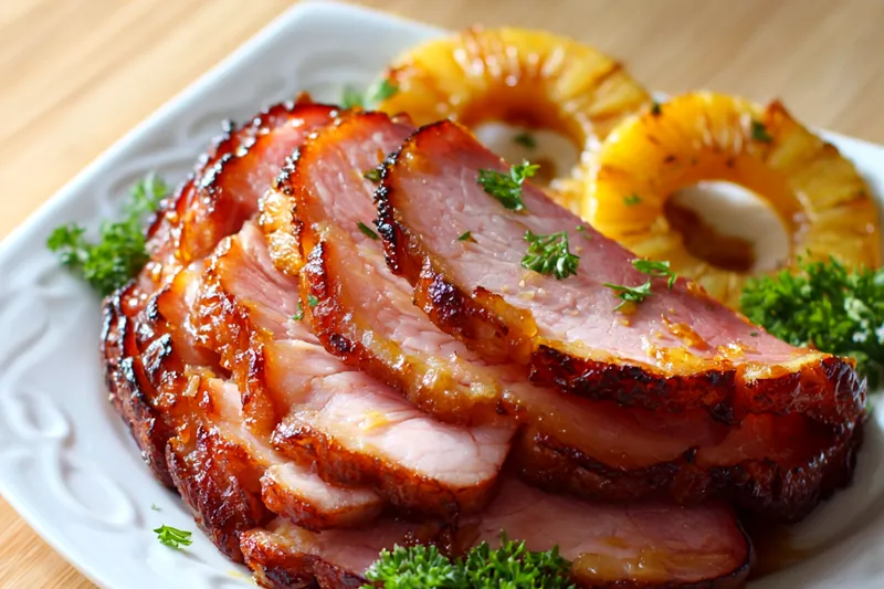 Ham cooking in a crockpot covered with glossy brown sugar pineapple glaze and pineapple slices, steam rising from the slow cooker