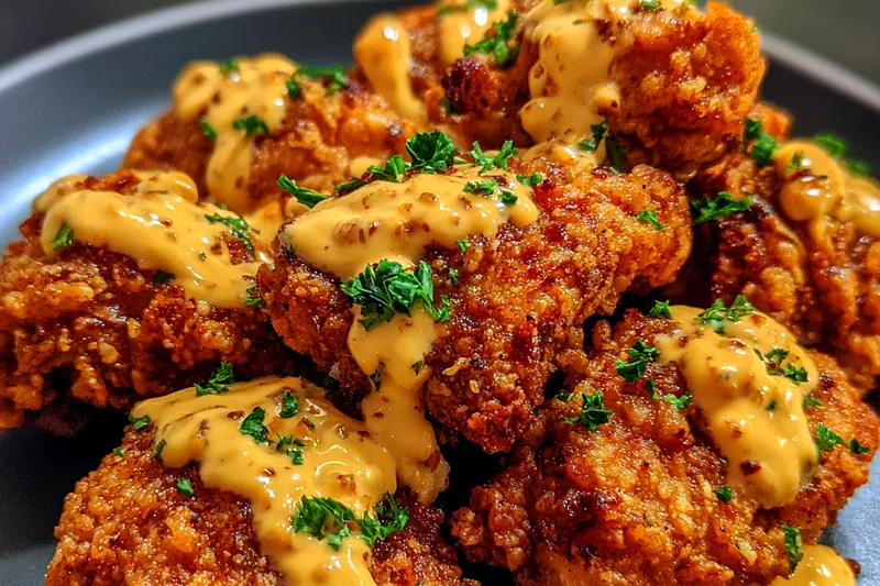 Golden brown Crunchy Mustard Chicken Delight freshly baked and garnished.