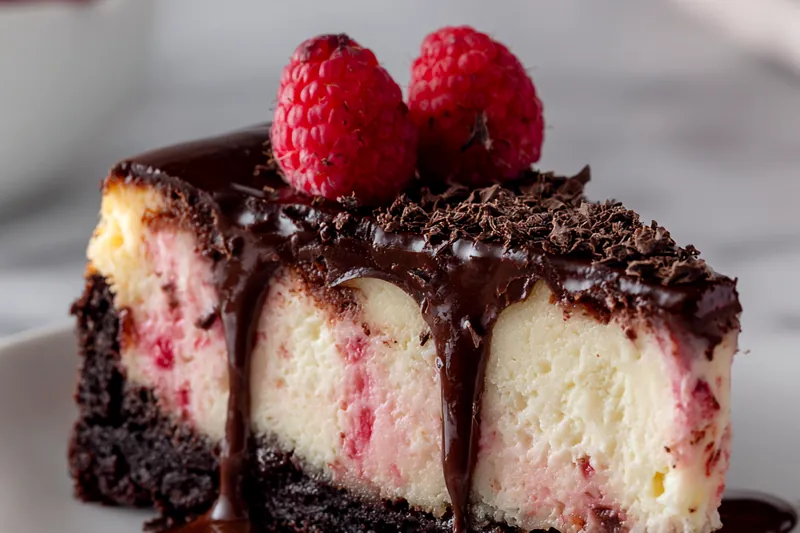 Chocolate cheesecake batter being swirled with vibrant raspberry sauce using a knife to create beautiful marble pattern