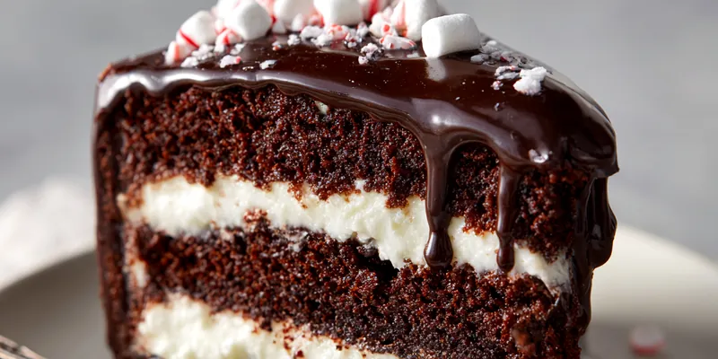 Layered hot chocolate cake with glossy chocolate ganache dripping down the sides, topped with white marshmallows and red and white candy cane pieces, served on a white plate