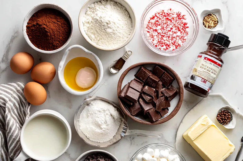 Flat lay of hot chocolate cake ingredients including cocoa powder, flour, sugar, eggs, chocolate chips, heavy cream, mini marshmallows, and crushed candy canes arranged on white marble surface