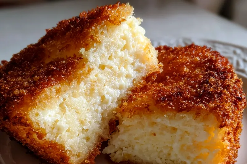 Hands coating a piece of shaped cheesecake in golden breadcrumb mixture, with breading station visible in background