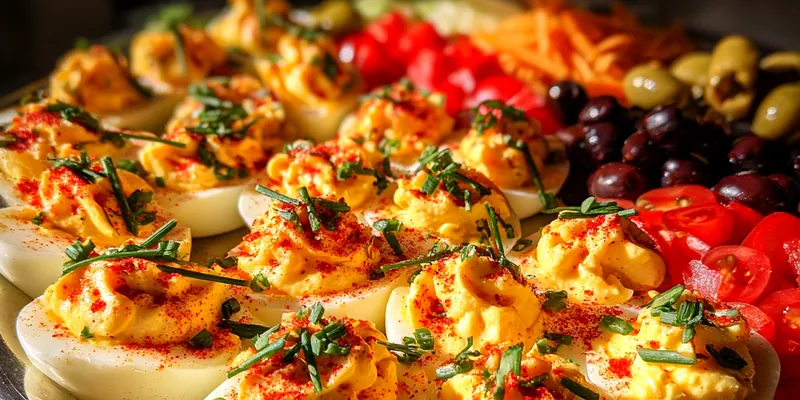 A close-up of a platter filled with deviled eggs topped with paprika, bacon bits, and chives.