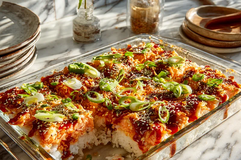 Process shot showing hands pressing seasoned white sushi rice into clear glass baking dish, with cream cheese mixture in bowl and cubed salmon on cutting board nearby, all on white marble counter