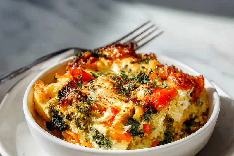Close-up of breakfast strata being assembled in a glass baking dish, showing layers of bread cubes, colorful vegetables, and cheese being topped with egg custard mixture