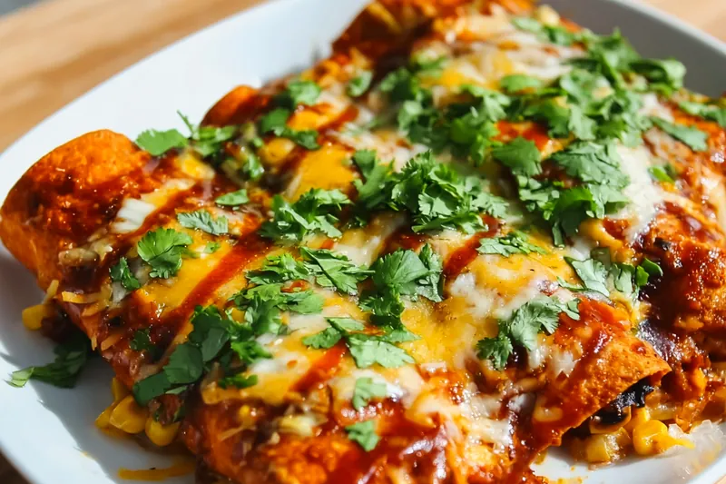 Close-up action shot of hands rolling a flour tortilla filled with shredded chicken mixture, showing the filling spread across the center with cheese visible. A glass baking dish with red enchilada sauce pooled in the bottom is visible in the background, along with completed rolled enchiladas.