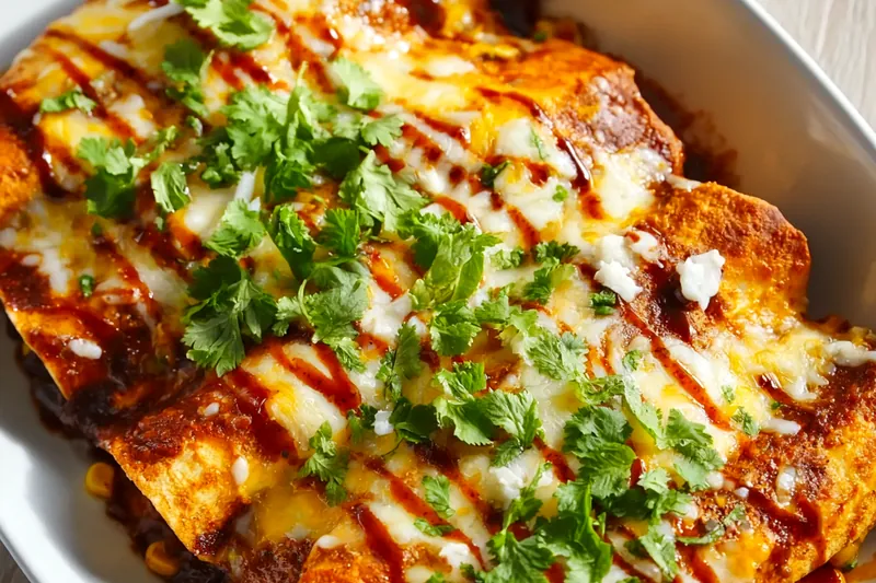 Overhead shot of all enchilada ingredients arranged on a marble counter: bowl of shredded chicken, pile of flour tortillas, small bowls of spices (chili powder, cumin, garlic powder), measuring cups with chicken broth and tomato sauce, bags of shredded Mexican cheese, corn kernels, black beans, and fresh cilantro bunches.