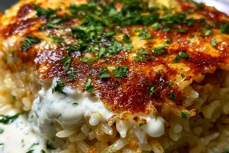 Neatly arranged ingredients for chicken tzatziki rice bake including raw chicken thighs, white rice, Greek yogurt, fresh dill, cucumbers, garlic, and Mediterranean vegetables on a marble countertop
