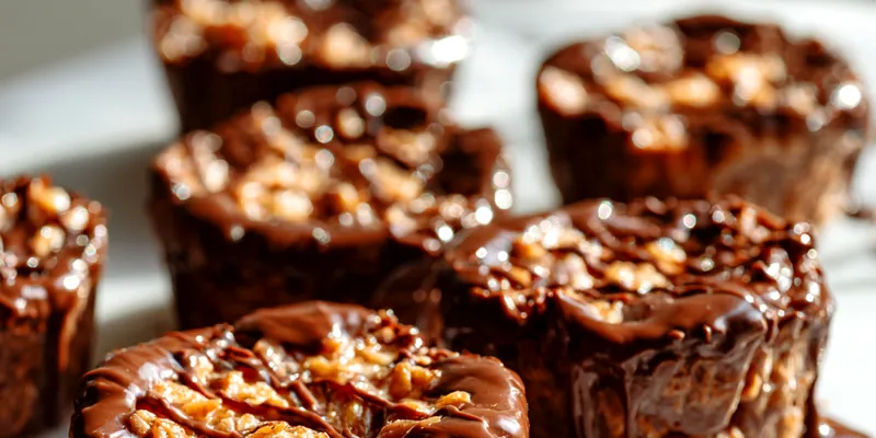 Delicious Chocolate Peanut Butter Rice Krispie Cups arranged on a rustic wooden table, topped with colorful sprinkles.