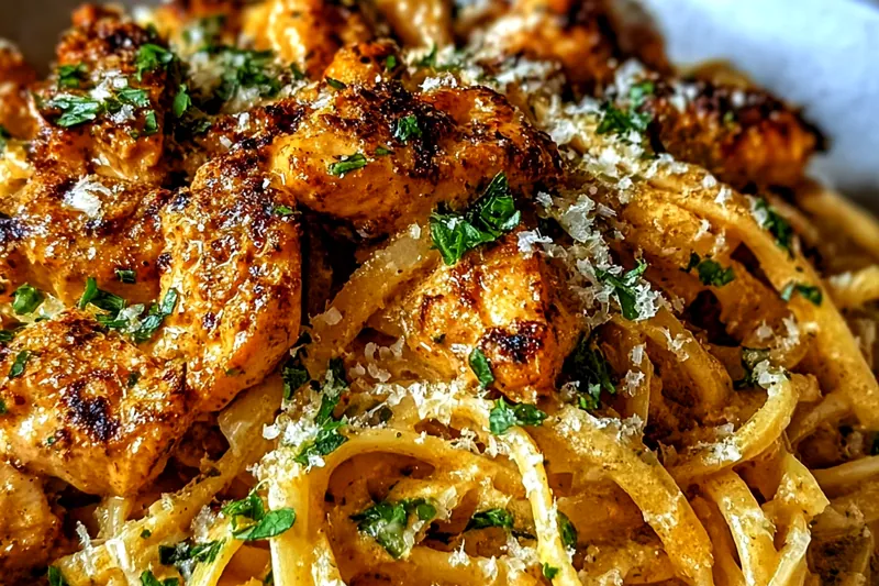 Golden chicken pieces sizzling in a large skillet with linguine pasta being tossed in creamy cowboy butter sauce, steam rising from the pan