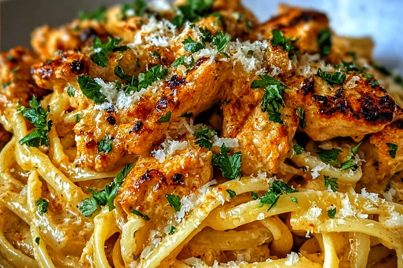 Ingredients for cowboy butter chicken linguine including raw chicken, linguine pasta, fresh herbs, garlic, spices, and butter arranged on a marble countertop