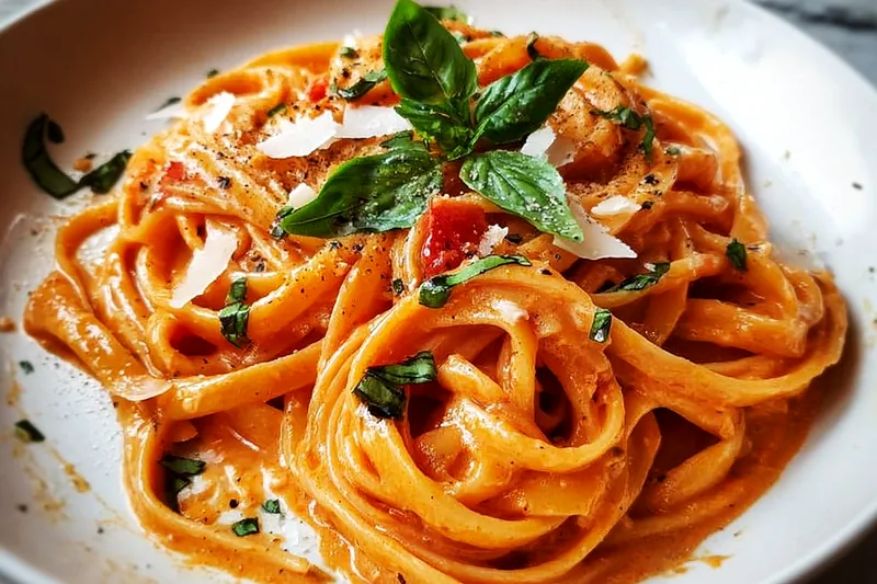 Creamy tomato sauce simmering in large skillet with pasta being added, showing the proper technique for combining sauce and pasta