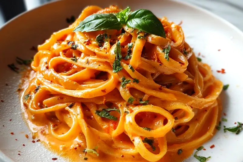 Ingredients for creamy tomato pasta including canned tomatoes, heavy cream, fresh basil, garlic, and Parmesan cheese arranged on marble counter