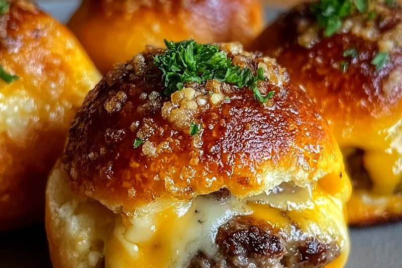 Cheeseburger bombs cooking in a skillet with golden-brown coating, being turned with a spatula to ensure even browning