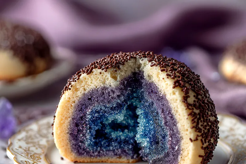 Close-up of geode cookie being sliced with sharp knife showing vibrant purple and blue layered dough with rock candy crystal center on wooden cutting board