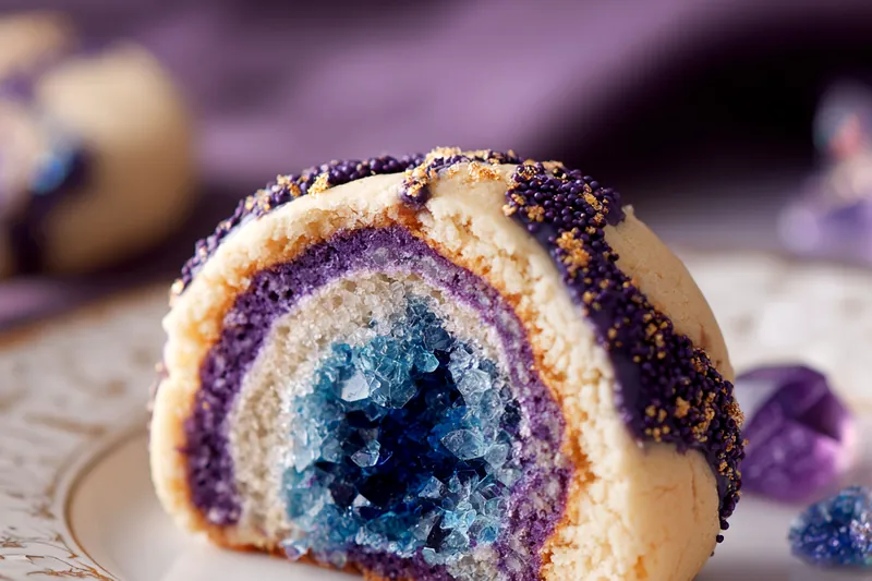 Overhead view of all ingredients for geode cookies arranged on white marble surface including flour, sugar, butter, eggs, vanilla, purple and blue gel food coloring, baking powder, salt, and blue rock candy crystals in glass containers