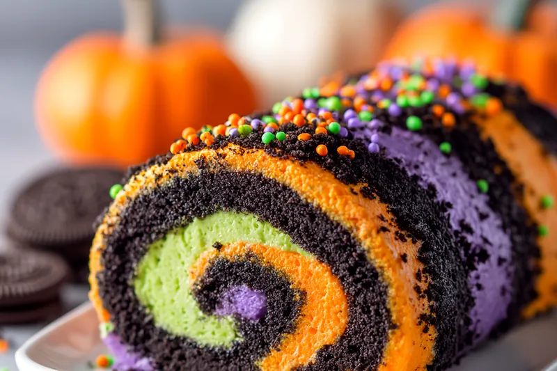 Step-by-step process showing the Halloween Oreo Roll being assembled, with colored cream cheese spread in horizontal stripes across the unrolled cake, then being carefully rolled up before coating in crushed Oreos