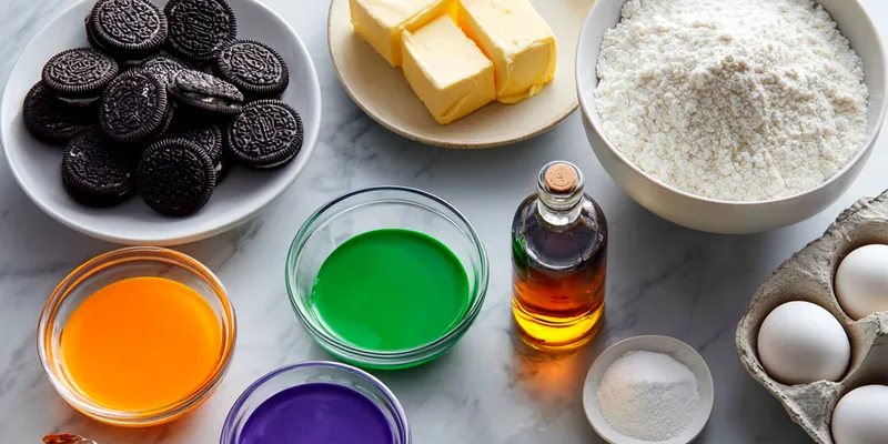 Sliced Halloween Oreo Roll displaying vibrant purple, orange, and green cream cheese spirals coated in crushed black Oreo cookies with colorful sprinkles on top, presented on a white plate with pumpkins in the background