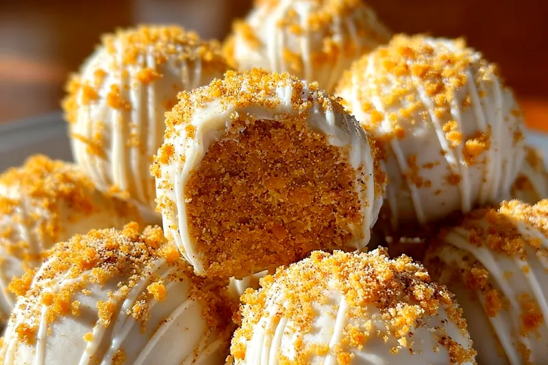 Hands rolling pumpkin cheesecake mixture into perfect spheres, with graham cracker coating mixture ready in a shallow dish nearby