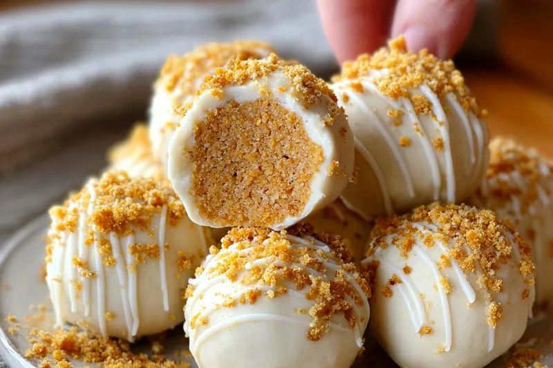 Ingredients for pumpkin cheesecake balls including cream cheese, pumpkin puree, spices, and graham crackers arranged on a marble countertop