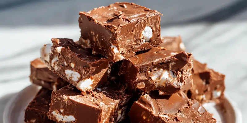 Stack of four thick chocolate fudge squares on a white ceramic plate, showing layers of glossy dark chocolate studded with white marshmallows and golden nuts throughout, with a marble surface in the background