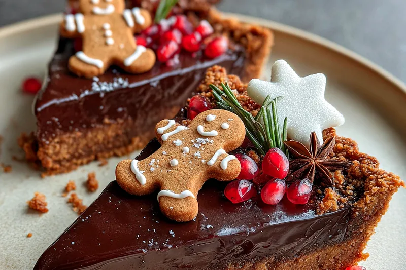 A selection of ingredients for Festive Gingerbread Chocolate Tart including spices, chocolate, and flour arranged on a wooden table.