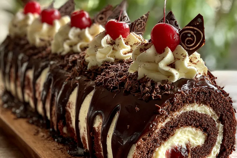 The baking process for Decadent Chocolate Cherry Roll, showcasing the roll in the oven.