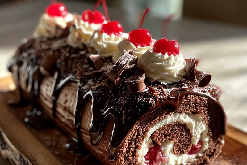 Assorted ingredients for Decadent Chocolate Cherry Roll, including cherries, chocolate, and flour.