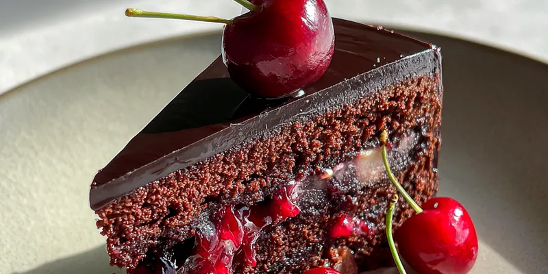 Delicious Elegant Chocolate Cherry Cake served on a plate
