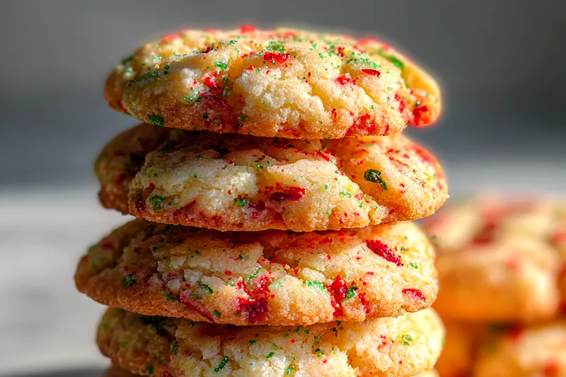 Ingredients for Festive Butter Cookies, including butter, flour, sugars, and extracts arranged on a countertop.