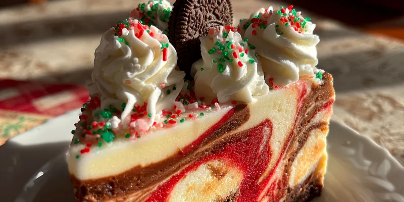 Delicious Festive Velvet Cheesecake Slice served on a plate