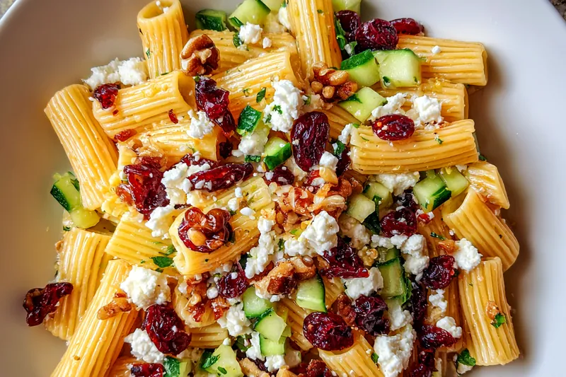 A chef stirring the Zesty Rigatoni Salad Delight in a large bowl, showcasing the vibrant colors of the ingredients coming together.