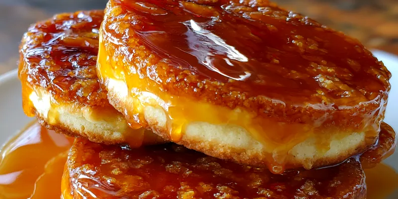 Stack of thick, golden Japanese soufflé pancakes with caramelized tops, covered in glossy syrup on a white plate