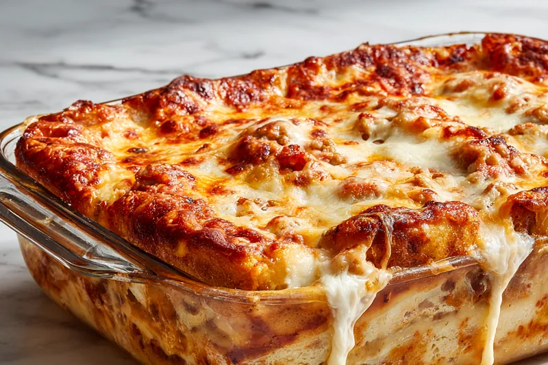Single square serving of fluffy pancake sausage casserole on white plate showing layers of golden pancakes with visible sausage pieces and stretchy melted cheese, drizzled with maple syrup