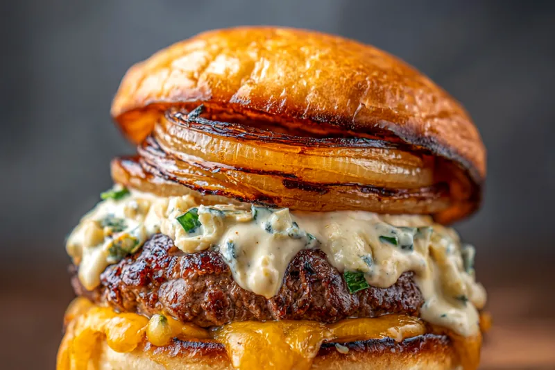 An array of fresh ingredients laid out for Flying Onion Burger Delight, including ground beef, buns, and toppings.