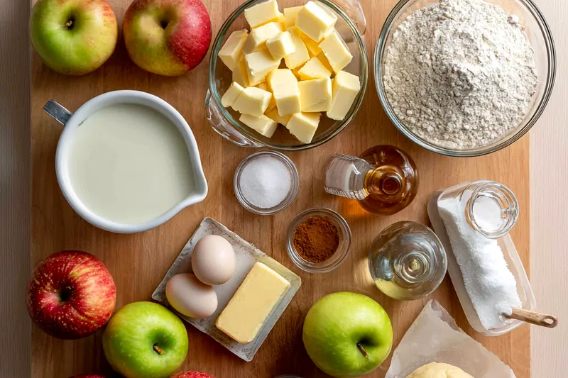 A slice of French apple custard pie being torched with a kitchen torch to caramelize the sugar on top, showing the golden crust and creamy layers