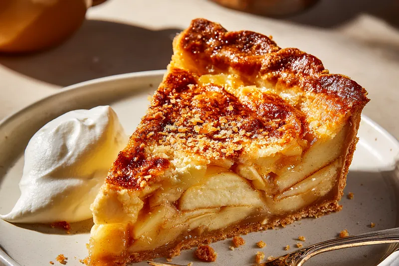 Overhead view of fresh ingredients for French apple custard pie including sliced apples, eggs, cream, sugar, vanilla, and spices arranged on a marble surface