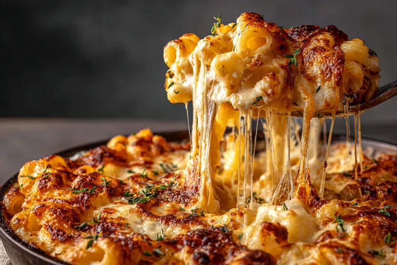 Close-up of creamy French onion mac and cheese being stirred in a pot, showing melted Gruyère cheese coating pasta with strands of caramelized onions throughout